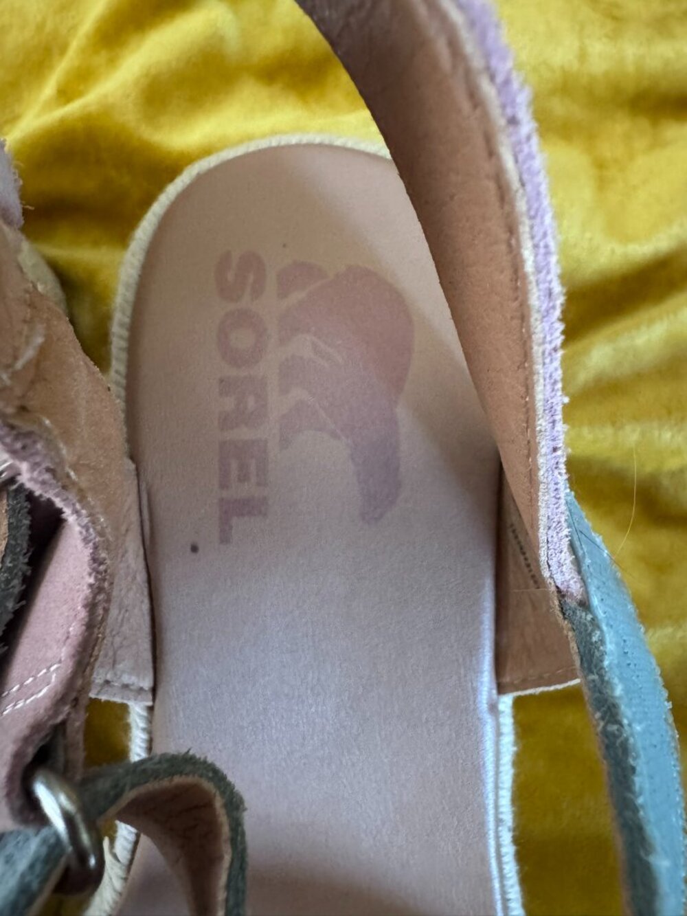 Sorel yellow/blue/pink pastel suede & espadrille wedges, women's size 6 - Picture 3 of 6